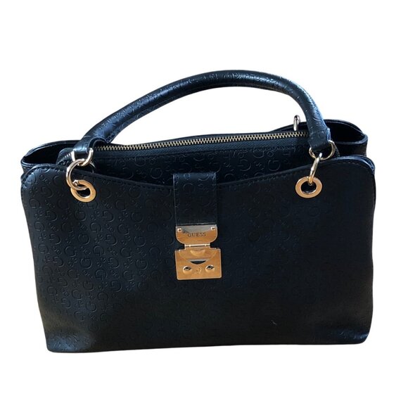 Guess Black Handbag Embossed Logo Faux Leather Purse Gold-Tone Hardware Handles - Picture 15 of 15